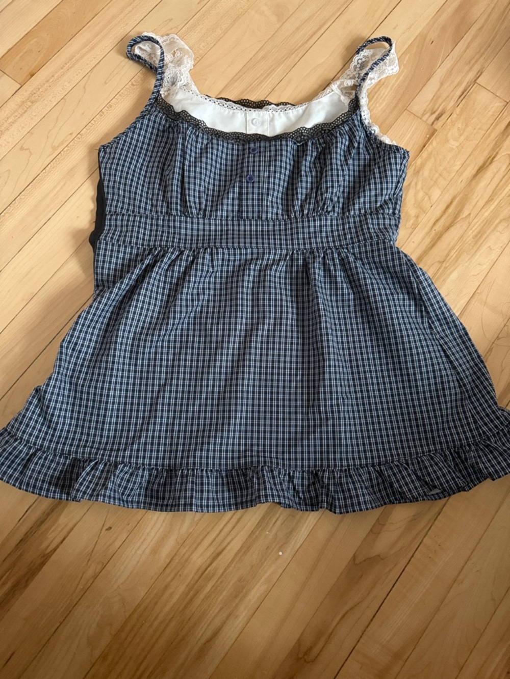 Navy Plaid Lace-Trim Tank Top